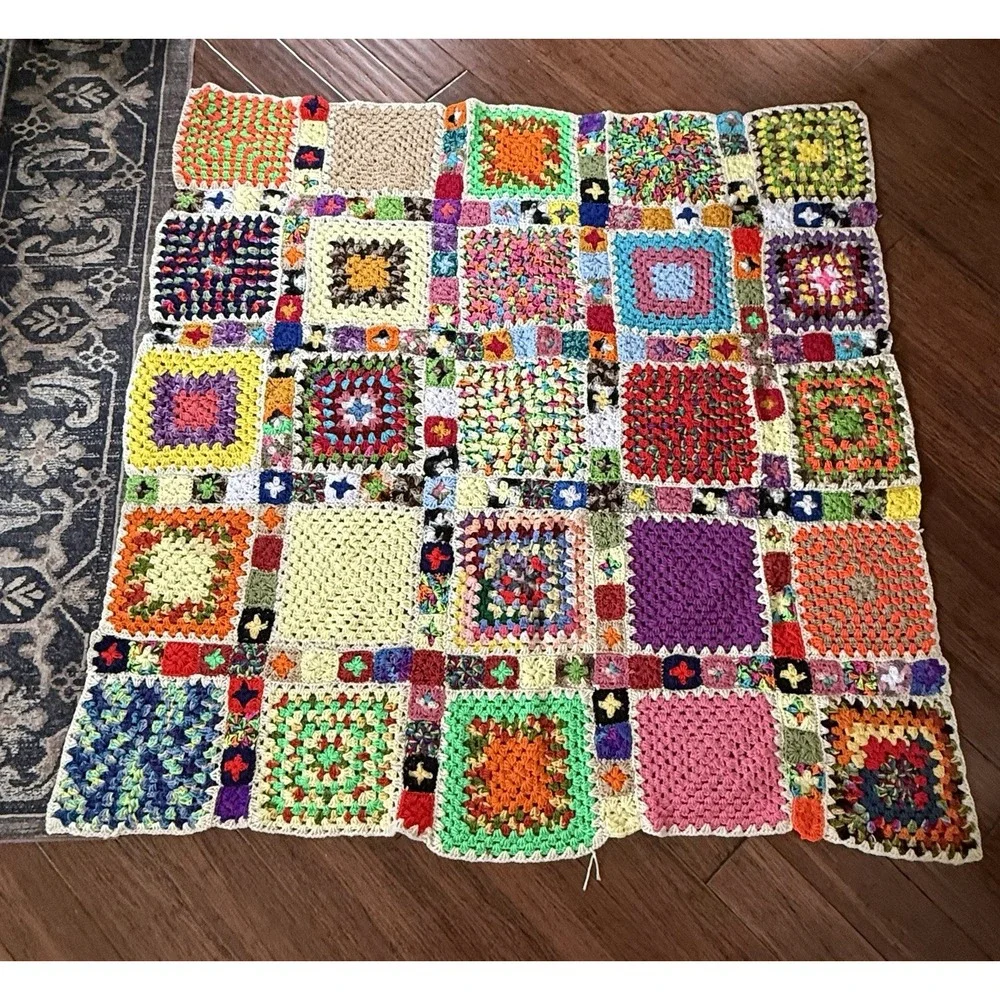 Vintage Multicolored Granny Square Afghan Throw Blanket 61 x 61.